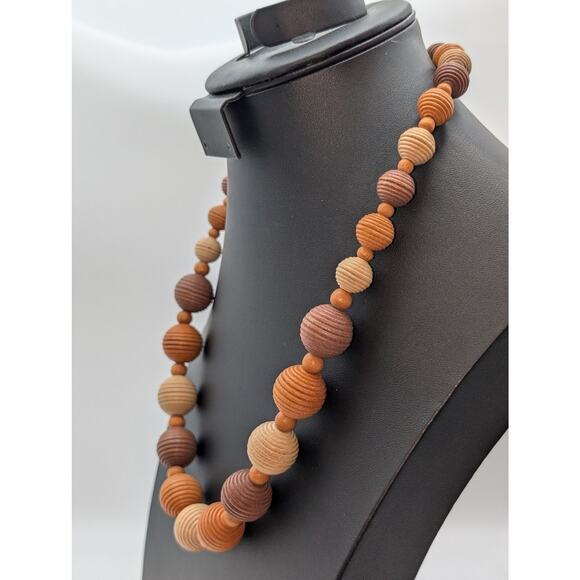 Vintage Multi-Brown Textured Wood Bead 22" Necklace - Picture 2 of 4